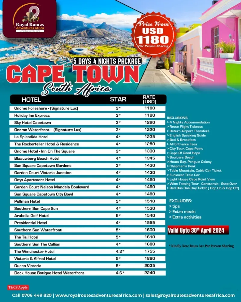 poster for a 5 days and 4 nights to capetown south africa